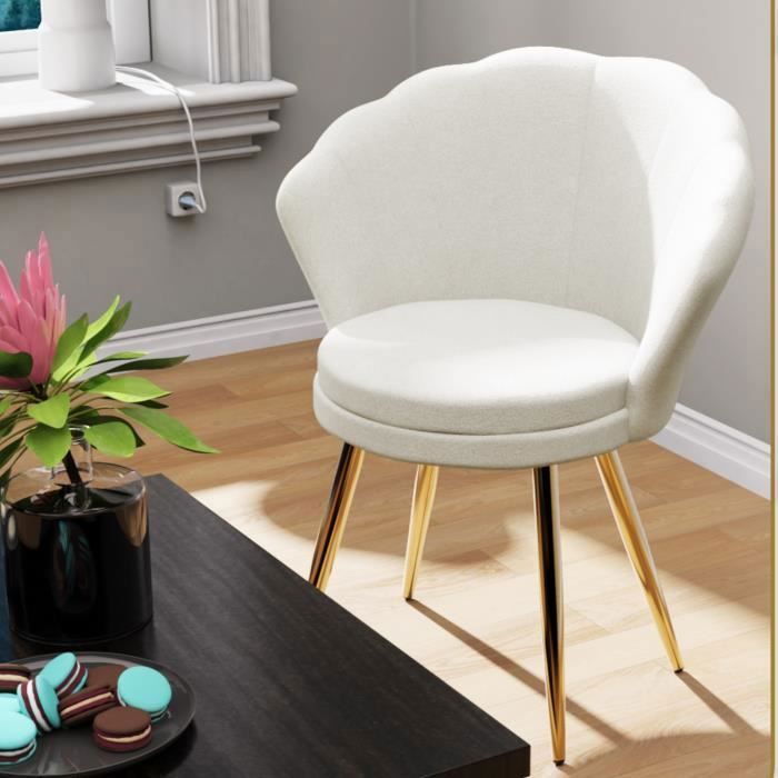 VIVOLILV Fauteuils et Chaises Velours pour Salon Blanc Pieds en Métal Plaqué Or Fauteuil Coquillage pour SalonChambreCoiffeuse