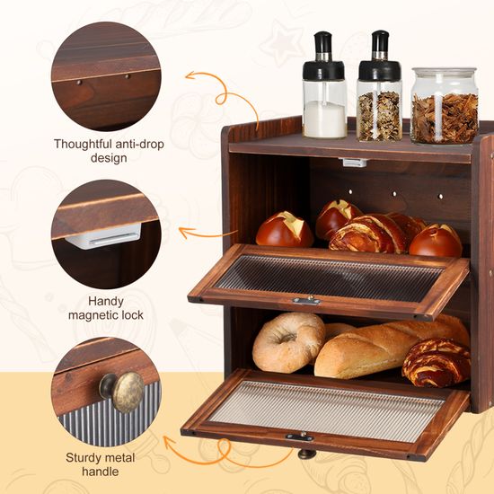Boîte à Pain 2 étages En Bois Pin – Fenêtre Transparente, Fermeture Magnétique – Rangement Pain, Snacks, Cuisine