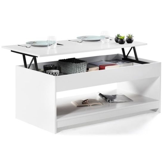 Table Basse Rectangulaire Avec Plateau Relevable - Transformable En Table à Manger - Rangement Intégré - Blanc Et Imitation Hêtre