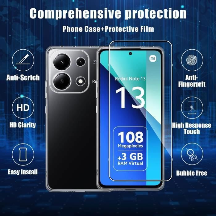 Coque De Protection Silicone Transparente + 2 Films Verre Trempé Pour Xiaomi Redmi Note 13 5G - Neuf