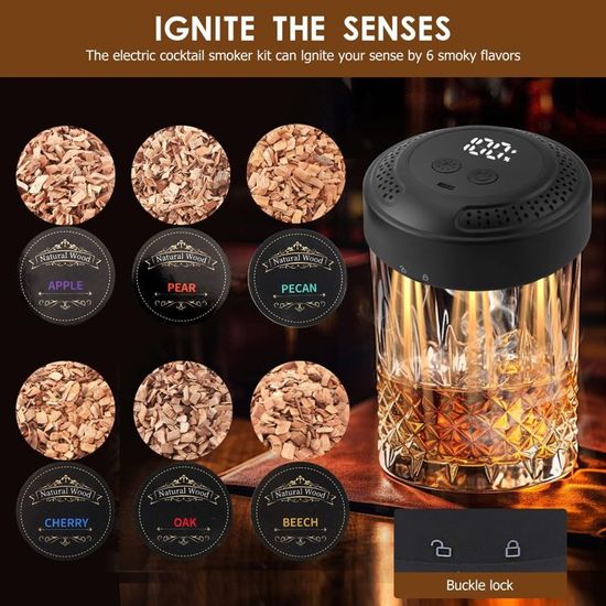 Fumoir à Whisky Électrique USB-C – Kit Avec 6 Copeaux De Bois (Hêtre, Pomme, Cerise…) – Fumage Sans Flamme – Cadeau Pour Amateurs De Whisky, Cocktails