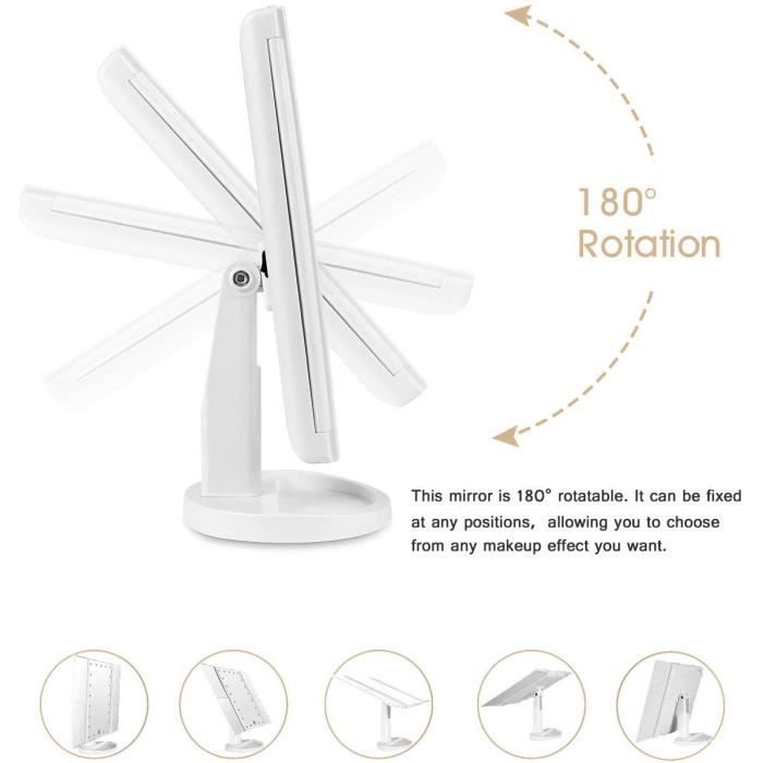 Miroir De Maquillage Lumineux Avec LED - Grossissement 1x/2x/3x, Réglable à 180°, Sur Pied, Blanc