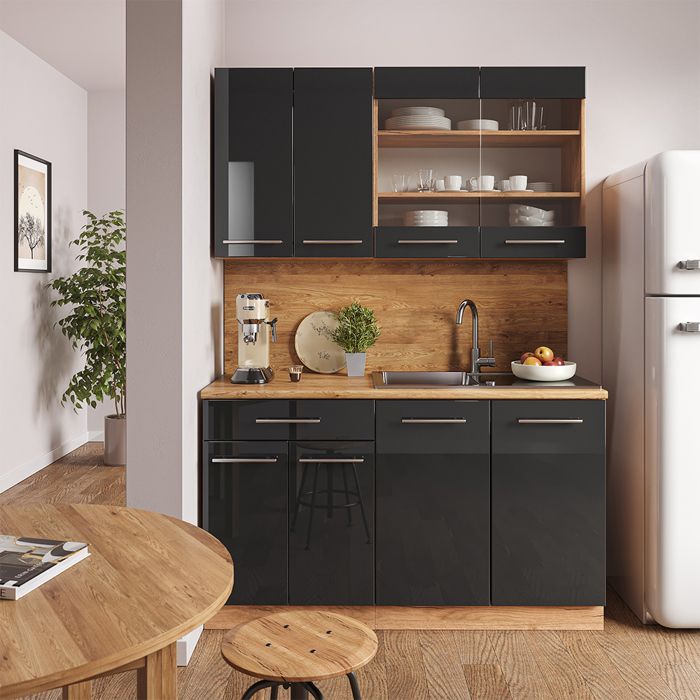Cuisine équipée Vicco Fame-Line 140 Cm - Façade Anthracite Brillant/blanc - Plan De Travail Marbre - Meuble Bas 51,6 Cm