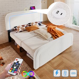 SOMMIER Cadre de lit avec fonction de chargement USB Type C,éclairage LED,lit double rembourré 160x200cm,sommier à lattes en bois,blanc
