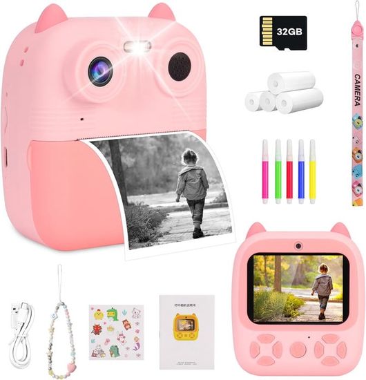 Appareil Photo Instantané Enfant Rose 2.4" Avec 32GB - Caméra Vidéo 1440P, Impressions Immédiates Et Autocollants