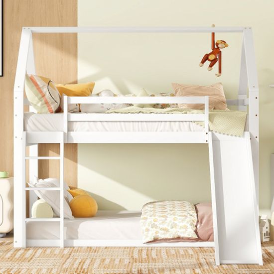 Lit Mezzanine Enfant 90x200 Avec Toboggan Et Tableau Noir - Bois Massif, échelle Sécurisée, Design Cabane - Gain De Place