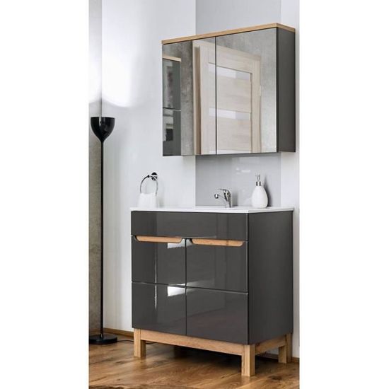 Ensemble Metropolis gris 120 cm avec pieds métalliques, miroir simple 120x60 et vasque en céramique