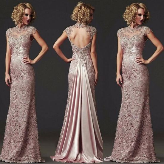 Robe de soiree dentelle manches courtes col haut pour femme Blanc Sur mesure Blanc Cdiscount Pret a Porter