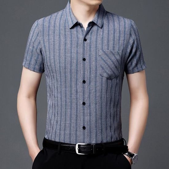 Chemise Homme Rayure Manches Courtes Slim Col Carré Léger Eté Jaune