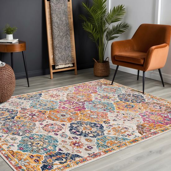 LIVABLISS Tapis de Salon à Poils Courts Doux Vintage Oriental INES 152x90cm Multicolore/Orange - Maison