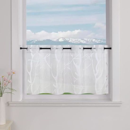 Rideau Brise-Bise Voile Broderie Florale Avec Pompons – 60x40 Cm Blanc, Style Cottage Charmant