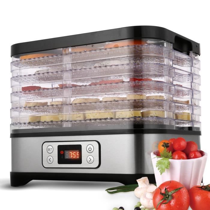 Déshydrateur Alimentaire 250W avec Thermostat Réglable, Déshydrateur de Fruits 5 Plateaux, écran à LED, INOX Gris