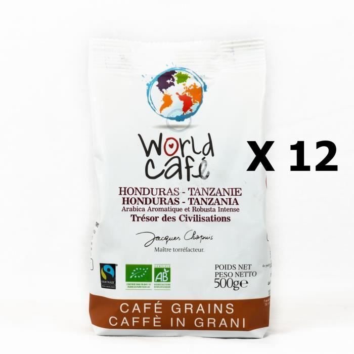 Lot 12x Café grains BIO Honduras - Tanzanie - World Café Jacques Chapuis - paquet 500g