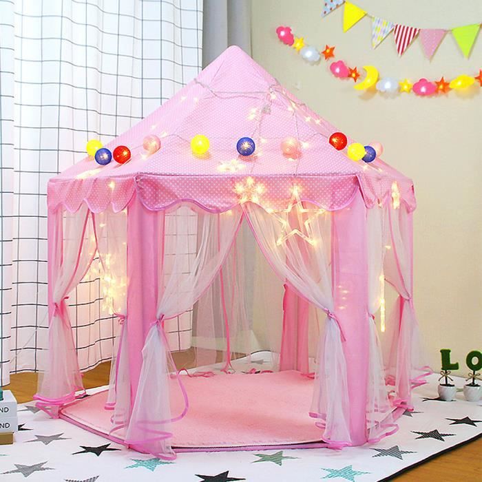 Tente de jeu pour 3 ans et plus maison de jouet pliable tente de princesse en textile + maille rose 140*140*142cm