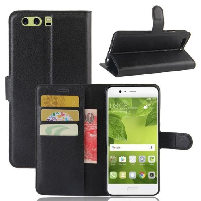 Housse Huawei P10 PLUS, Étui à Rabat Cuir Pleine Fleur Antichoc Élégant avec Support et Porte-Cartes, Noir37283
