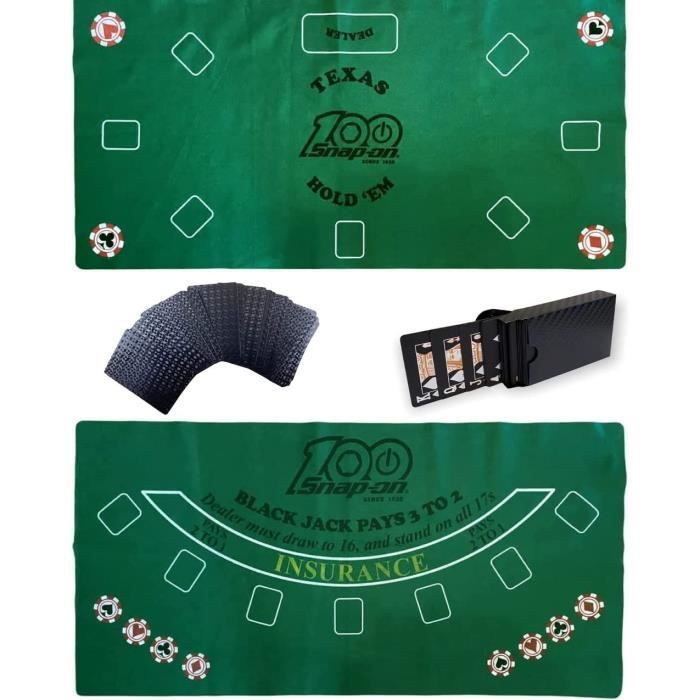 Kit Grand Tapis de Jeux de Cartes Poker Black Jack Double Face Feutrine 150 x 76 cm + 1 Jeu de Cartes Poker Tour de Magie PVC Noir
