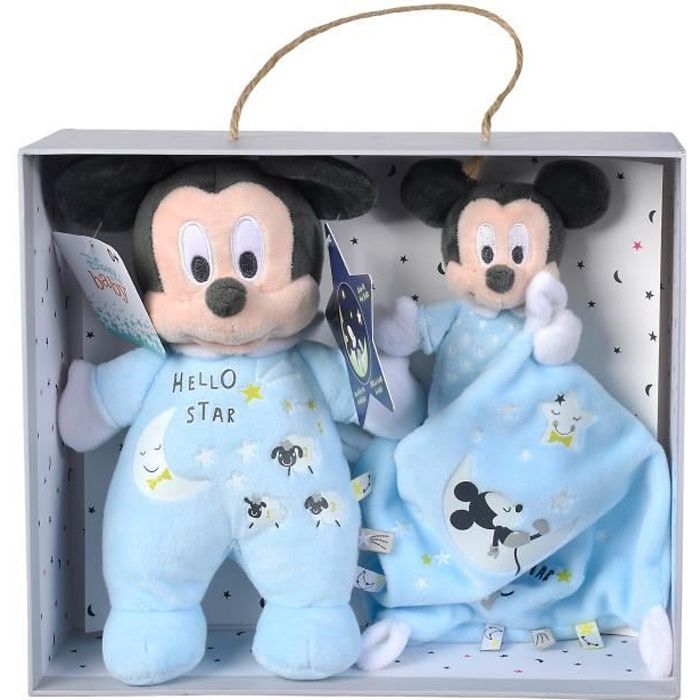 Disney - Peluche et doudou Mickey "Brille dans la nuit" bleu (Coffret cadeau)(L 25cm x 20cm x 10cm)