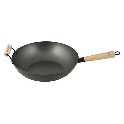 H&H H&H Alessandro Borghese, Poêle Wok Anti-adhésive, en Fer Noir, avec Manche et poignée en Bois, diamètre de 32 cm