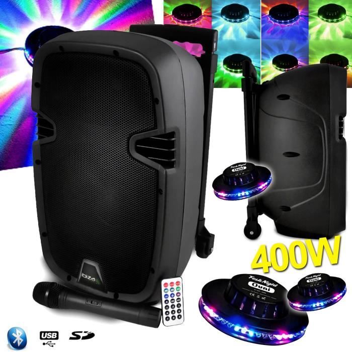 Enceinte autonome 10--25cm 400W USB Bluetooth avec trolley HYBRID10VHF-BT + 3 Effets OVNI LED RVB