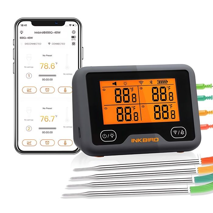 Thermomètre Wifi & Bluetooth pour Barbecue, de Cuisson Rechargeable, Double Signal et Alarme Thermometre Viande, IBBQ-4BW INKBIRD