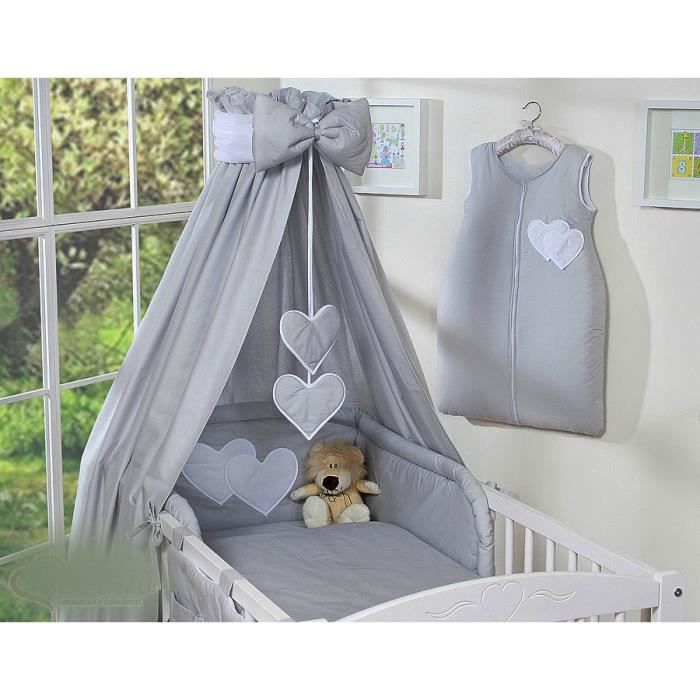 Ciel de lit bébé en tissu gris à coeurs avec fleche de lit support