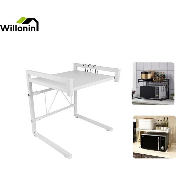 Willonin® Etagere extensible 40-65 cm pour micro-ondes, Blanc Support Rangement de vaisselle pour cuisine, Meuble à Épices en Métal