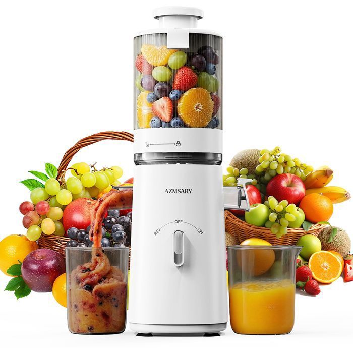 Extracteur de Jus de Fruits et Légumes avec Goulotte dAlimentation de 120mm - Capacité de 15 L -99.6%Pureté du Jus Élevée -Blanc - Azmsary