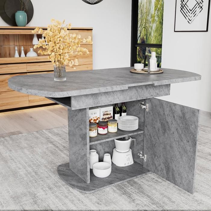 Table de salle à manger ovale extensible avec espace de rangement Table basse Multifonctionnelle Poignée argentée Aspect béton