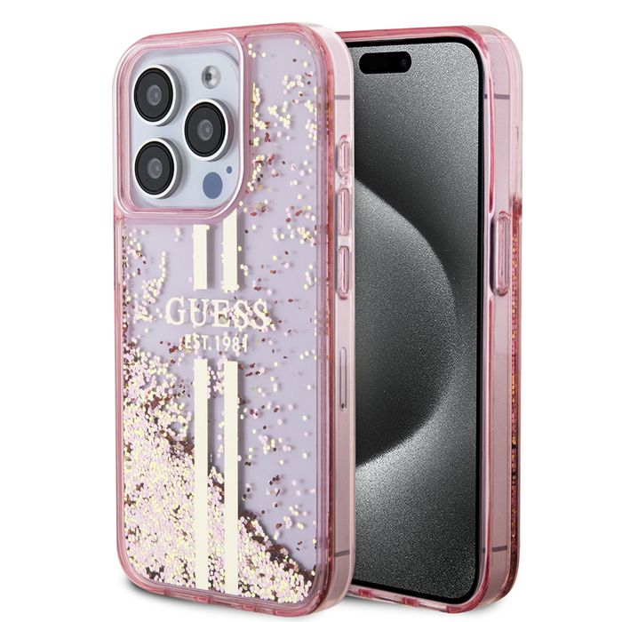 Guess Étui pour iPhone 15 Pro 6.1 étui rigide Liquid Glitter Gold Stripes - vue 2