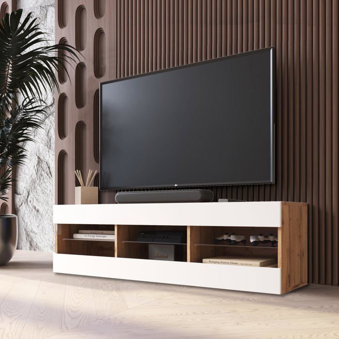Meuble TV Tivoli RTV Komodee - sans LED - Blanc et Bois Naturel - Facades en Mat - 140 x 41 x 35 cm Meuble TV Tivoli RTV Komodee - sans LED - Blanc et Bois Naturel - Facades en Mat - 140 x 41 x 35 cm