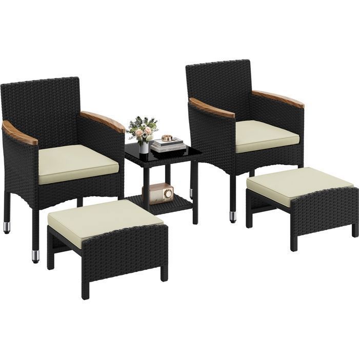 Yaheetech Salon de Jardin en Résine Tressée avec Fauteuils Ottomans Table Basse et Coussins Noir/Beige Yaheetech Salon de Jardin en Résine Tressée avec Fauteuils Ottomans Table Basse et Coussins Noir/Beige