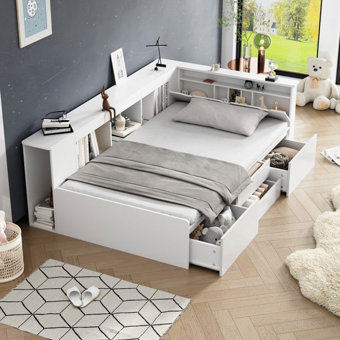 Lit avec Tiroirs 90 x 200 cm Lit Simple Lit Enfant rangement bibliothèque Meuble de Rangement blanc