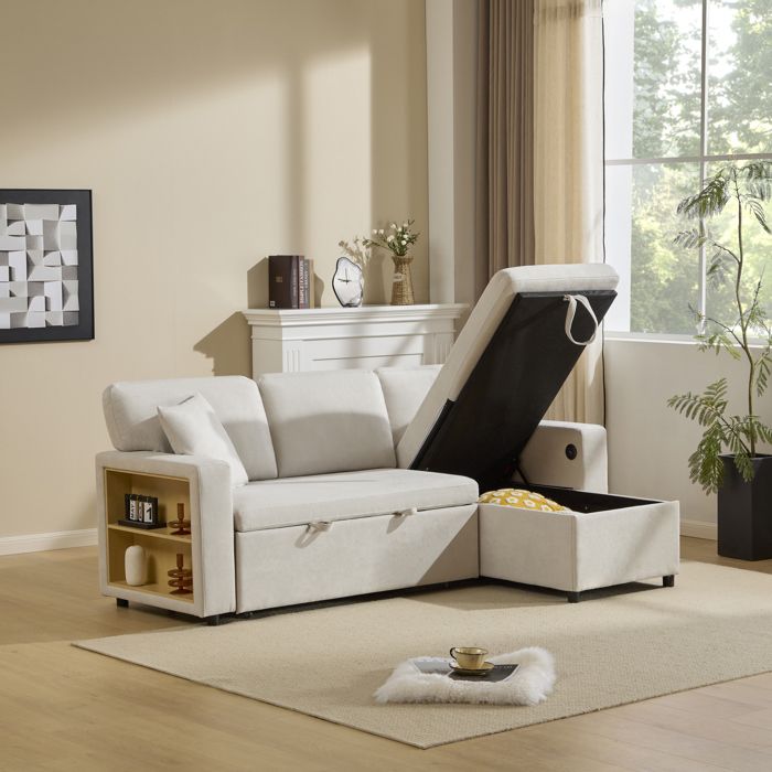 Canapé dangle convertible extensible canapé 3 places avec ports USB rangement sous le repose-pieds coussins tissu Oxford