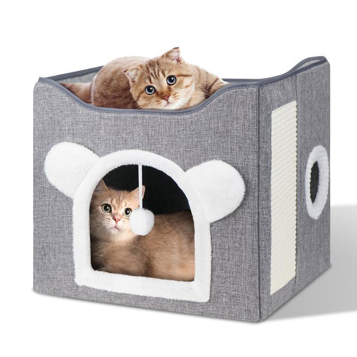 Maison Niche pour Chat Pliable Panier Cabane Lit pour Chat avec 2 Coussins Moelleux lavables Boule Suspendue Planche à gratt YYV