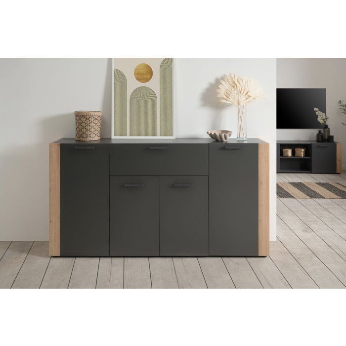 Buffet CENTO - Gris Anthracite & Chêne Artisan - 4 portes 1 tiroir - L162 x P35 x H85 cm