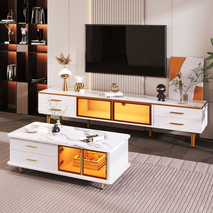 Meuble TV 170×37×475 cm effet marbre blanc avec LED portes en verre trempé brun et rangements