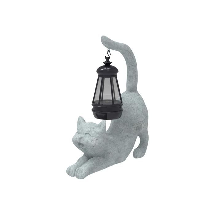 Figurine de jardin solaire - Chat 20 cm - Résine grise laquée - LED solaire autonome - Résistante aux intempéries