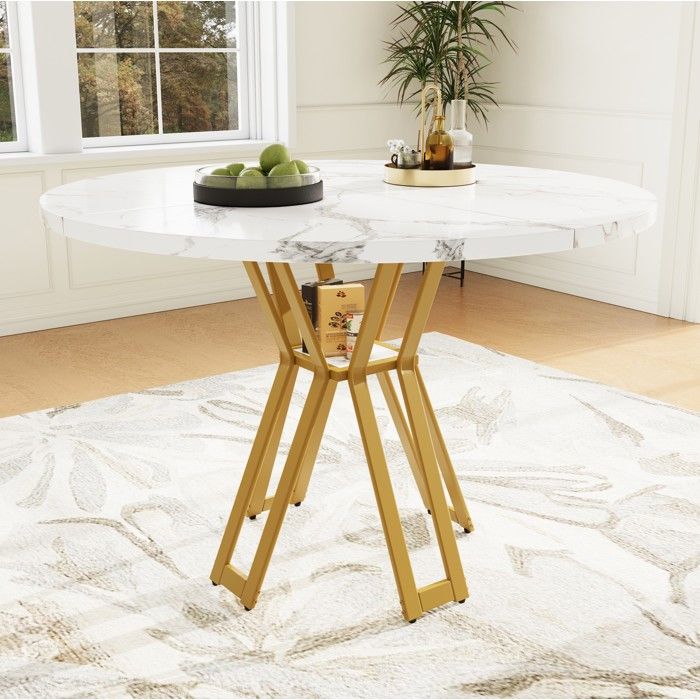 Table à manger ronde pour 4-6 personnes. placage marbre. salon/cuisine. MDF. blanc - pieds en métal doré en forme de X