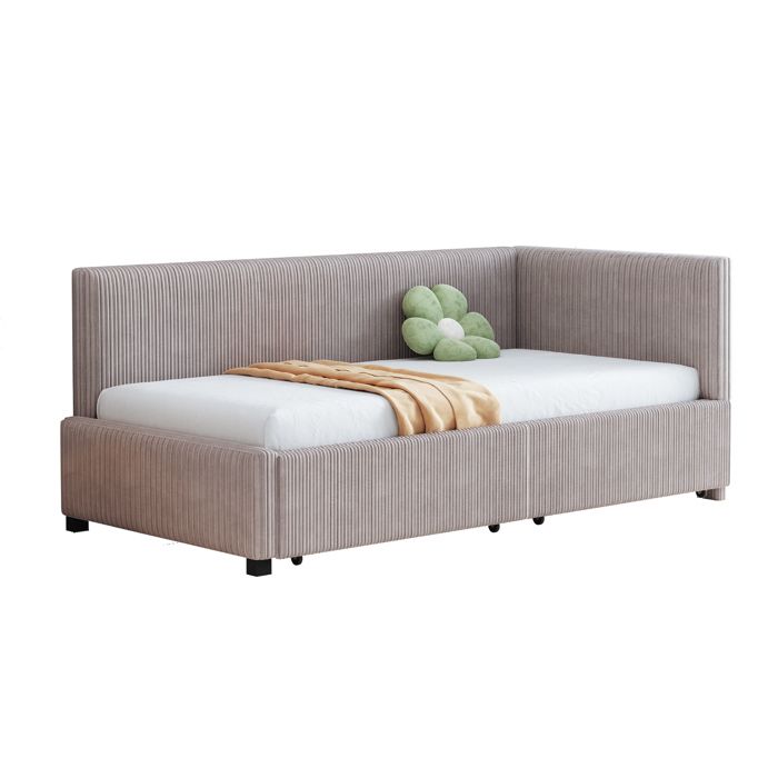 Lit banquette 90x200 cm - Lit avec 2 tiroirs de rangement et sommier à lattes - Tissu velours Gris sans matelas