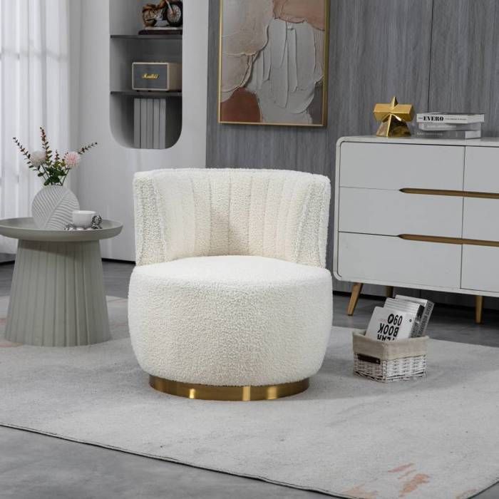 Fauteuil pivotant 360° - LANGTU - Teddy - Tissu Teddy blanc - Mousse haute densité - Structure bois massif