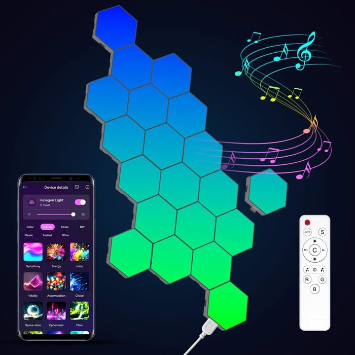 Panneau LED Hexagonal Gaming Murale Lampe - 20pcs Smart Music Sync Deco Modulaires RGB Lights App&Télécommande Contrôle