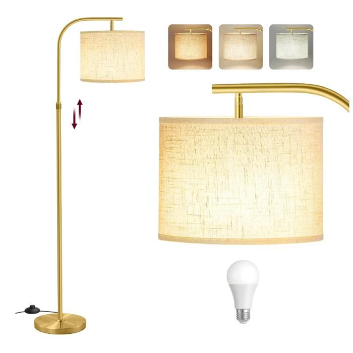 Lampe Arc sur Pied Hauteur Réglable de 150 à 175 cm Style Moderne Interrupteur à Pied Abat-Jour en Tissu Douille E27 Doré Clair