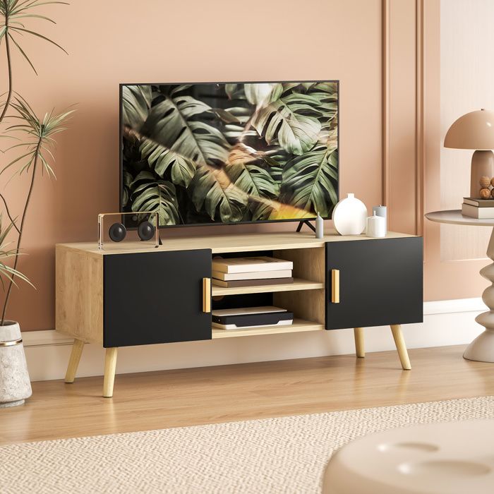 MOTHINESSTO5156-Meuble TV meuble télé bois banc TV jusquà 50 pouces avec étagères 2 placards et passe-câbles chêne