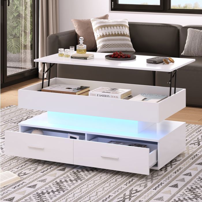 Table basse relevable blanche avec LED 2 tiroirs et rangement ouvert