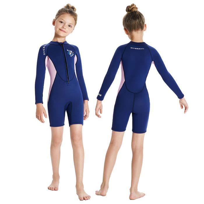 2.5MM Néoprène Combinaison Plongée Filles Enfants Thermique UV 50+ Maillot de Bain Ultra Stretch Wetsuit pour Surf Natation Bleu