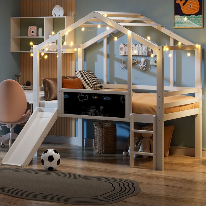 Lit mezzanine enfant 90×200 cm style maison toboggan échelle et tableau noir - BEAUNIV - sans matelas bois blanc