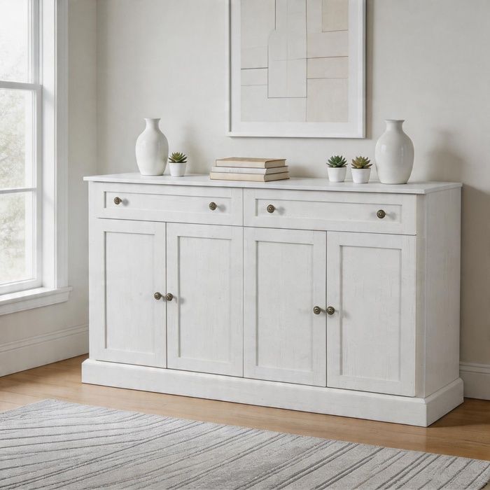 Vaisselier - 150x40x86 cm - Blanc antique - 4 portes 2 tiroirs - 2 étagères réglables