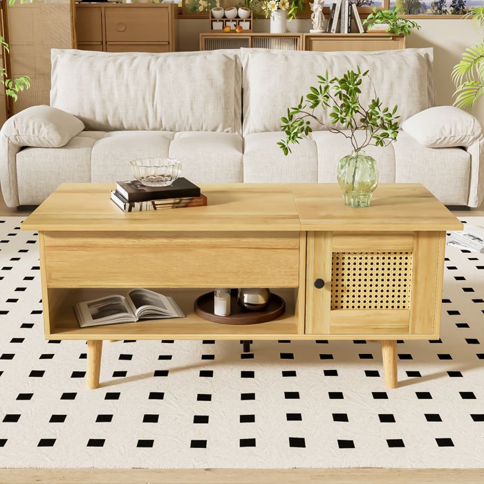 Table basse 103cm avec plateau relevable et portes en rotin couleur bois avec accents noirs salon – espace de rangement pratique