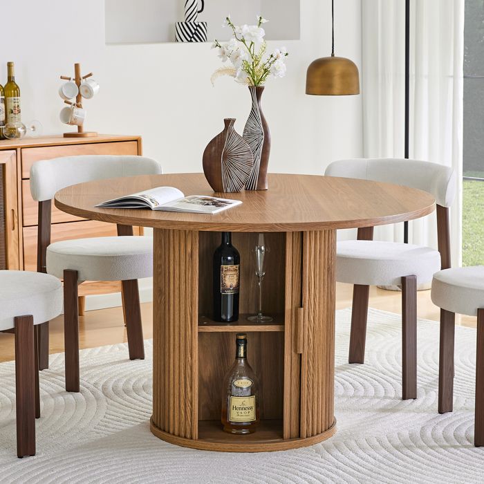 Table à manger ronde - W3488P420007 - Noyer 120 cm - 6 places - Rangement double