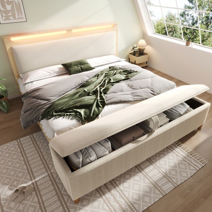 ULEVR Lit double 160x200 cm avec matelas tête de lit LED banc de lit avec rangement chêne clair et beige